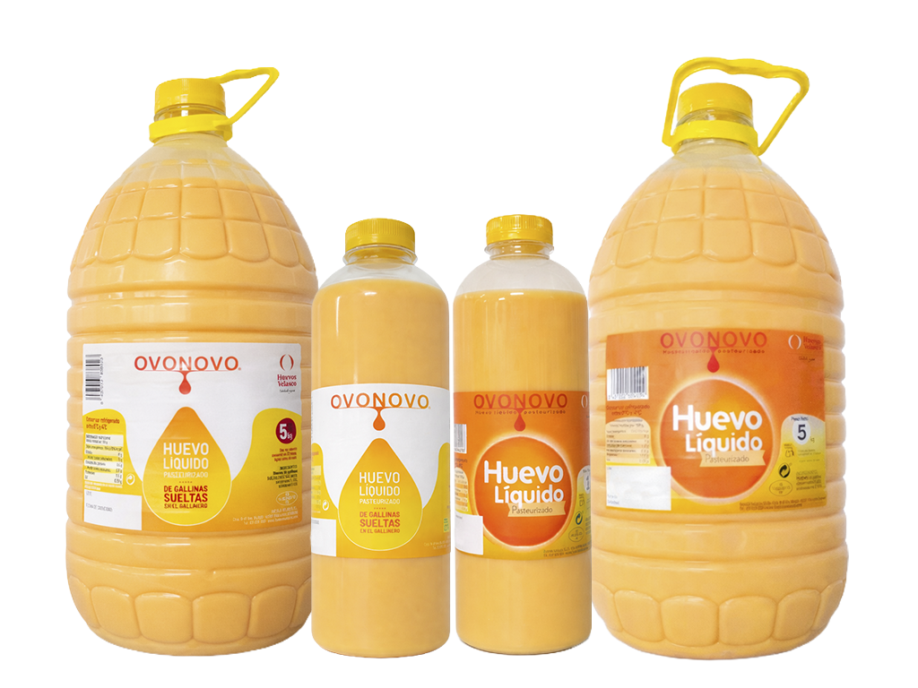 Huevo líquido pasteurizado elaborado a partir de huevos de gallinas criadas en jaula y en gallinero, disponible en diferentes formatos para adaptarse a las necesidades de cada cliente.